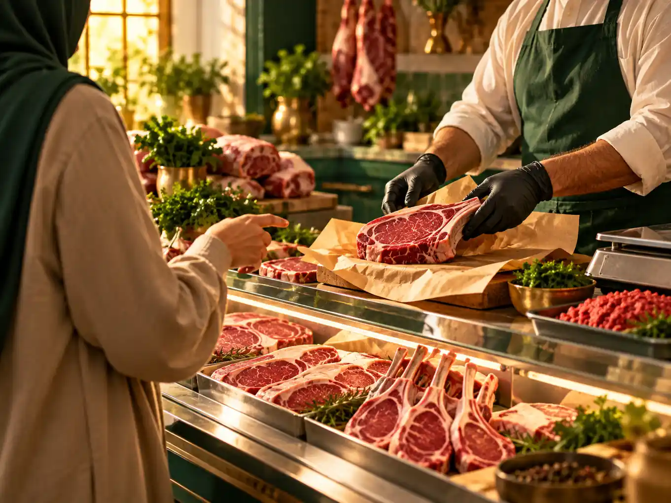 A butcher serving a customer at the counter
