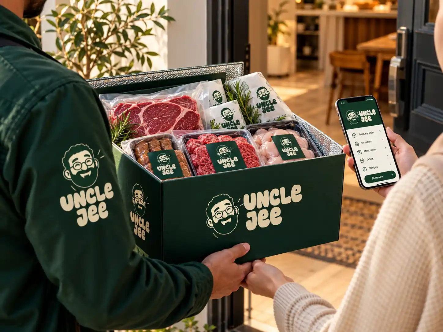Uncle Jee halal meat delivery arriving at a customer's home